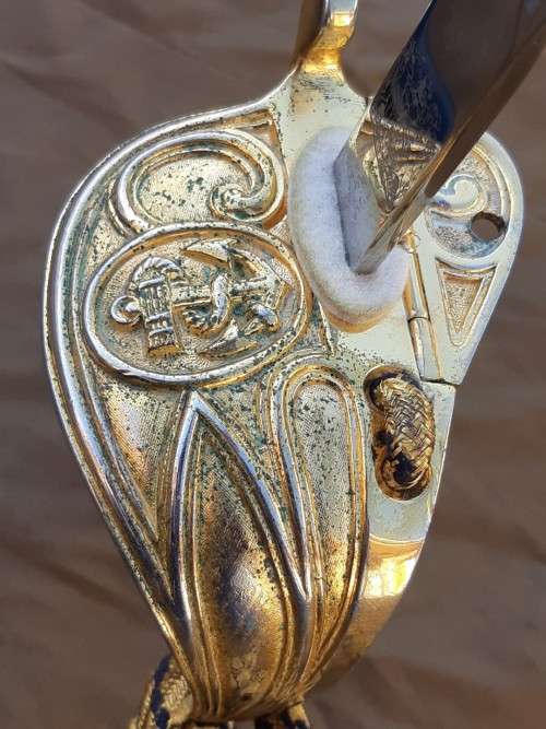 South African Naval Officers sword Pre 1994 with Old South African coat of arms on blade