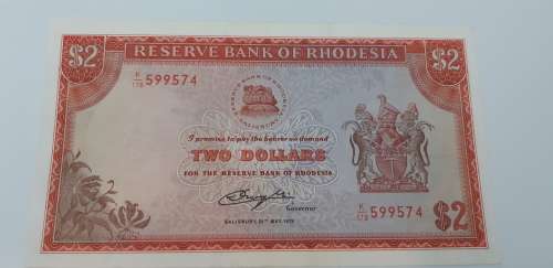 Reserve bank of Rhodesia 2 dollar In brilliant condition