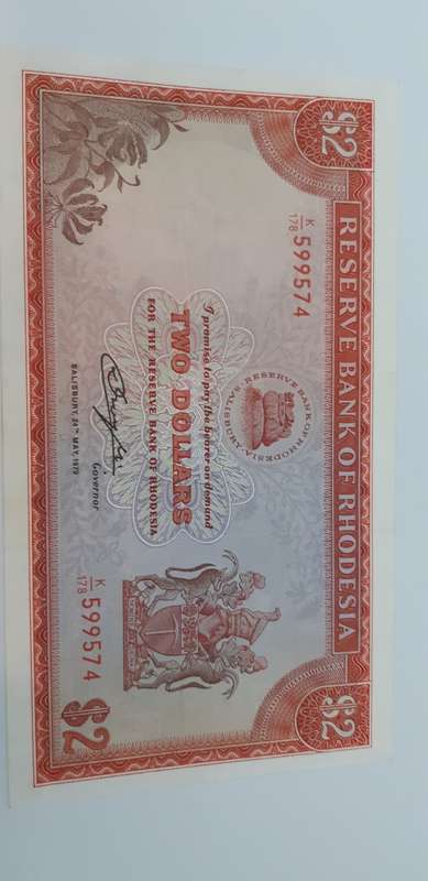 Reserve bank of Rhodesia 2 dollar In brilliant condition