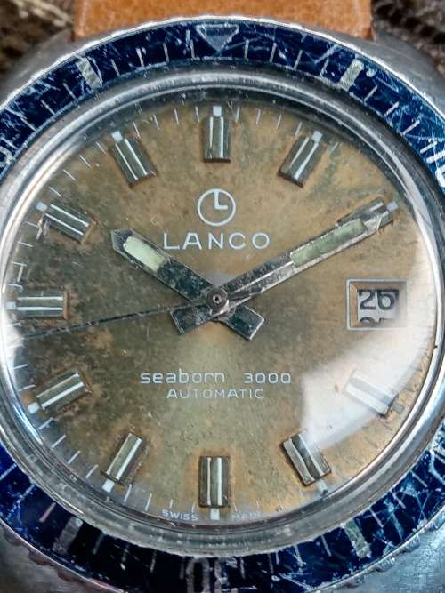 Lanco seaborn 3000 wrist watch tropical dial and rotating bezel 38mm ex crown WORKING