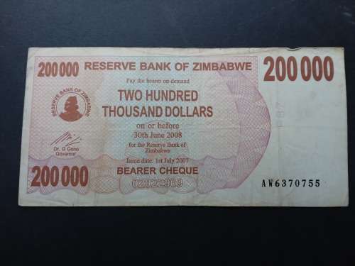 Reserve Bank of Zimbabwe Two Hundred Thousand Dollars 2008
