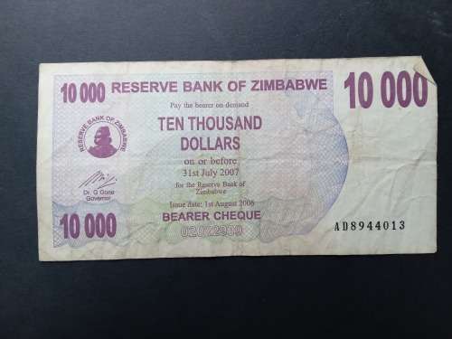 Reserve Bank of Zimbabwe Ten Thousand Dollars 2007