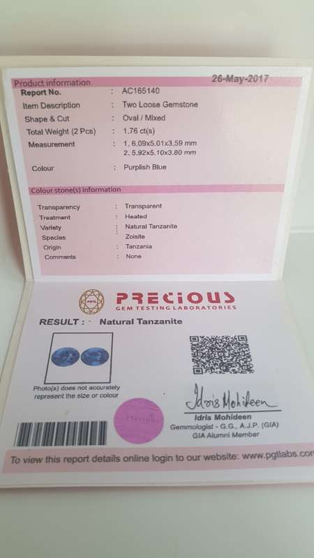 1.76ct CERTIFIED pair Tanzanites
