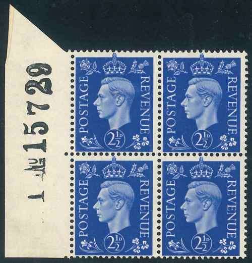 GB UK 1937 KGVI Definitive Sheet Number Block of (4) x 2 1/2d stamps (SG 466)