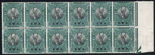 SWA 1927 London Pictorials marginal Block of (12) x 1/2d Springbok stamps (SACC 81) (*/**)
