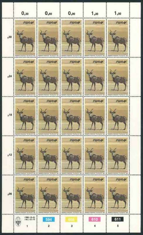 SWA 1982 Third Decimal Animal Definitive Reprint Sheet of (25) x 6c stamps (SACC 363a)