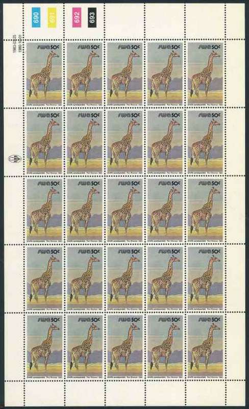 SWA 1983 Third Decimal Animal Definitive Reprint Sheet of (25) x 50c stamps (SACC 372)