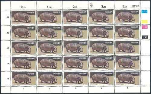 SWA 1988 Wildlife Definitive Reprint 15c Sheet of Hippopotamus stamps (**)