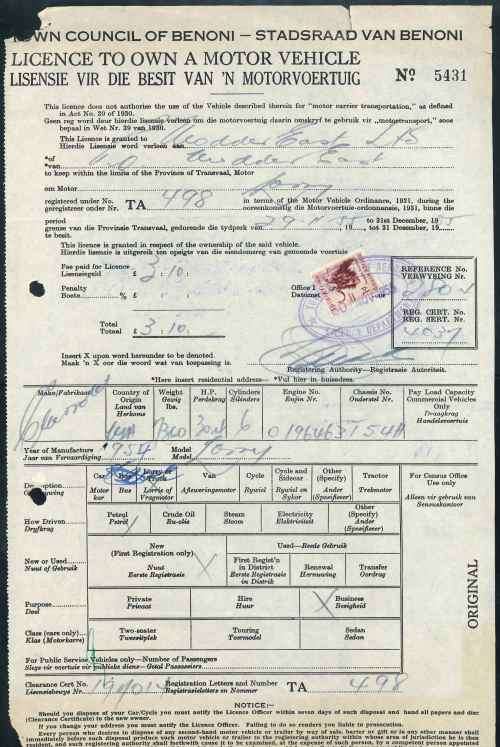 South Africa 1955 Motor Vehicle Licenses from the Benoni Town Council x (2)