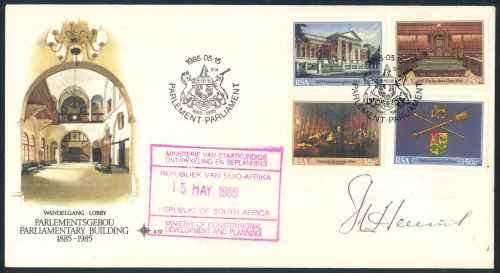 South Africa 1985 "Cape Parliamentary Buildings" First Day Cover No. 4.12 Signed by Chris Heunis