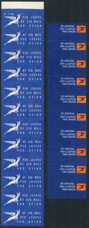 South African Airways Strips of (10) and (12) x serrated Air Mail Labels (**)