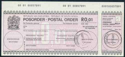 South Africa 1981 issued 1c Postal Order with Counterfoil - "Arcadia" Cancel