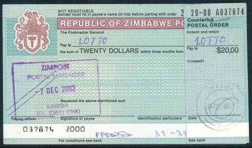 Zimbabwe 2002 issued $20 Postal Order with Counterfoil - "Kariba" Cancel