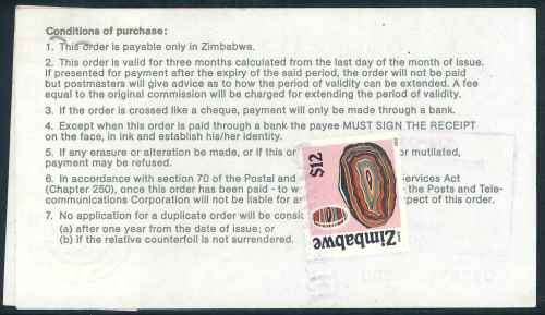 Zimbabwe 2002 issued $20 Postal Order with Counterfoil - "Kariba" Cancel