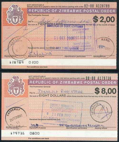 Zimbabwe 2001/02 small lot of (6) x issued Postal Orders with interesting Postmarks