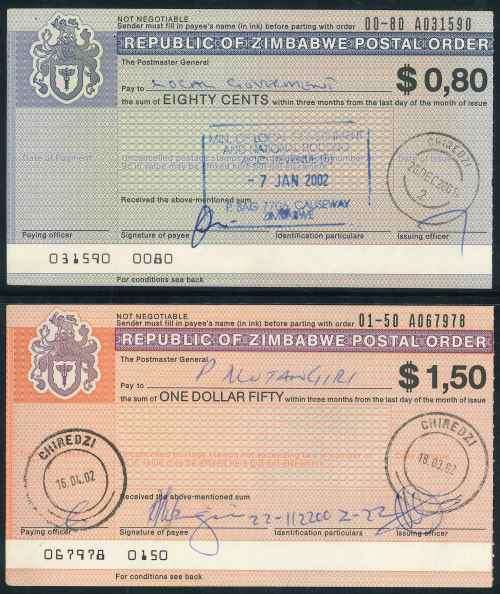 Zimbabwe 2001/02 small lot of (6) x issued Postal Orders with interesting Postmarks