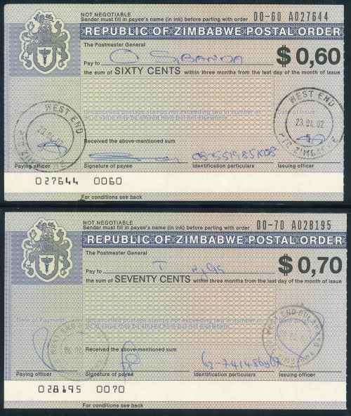 Zimbabwe 2001/02 small lot of (6) x issued Postal Orders with interesting Postmarks