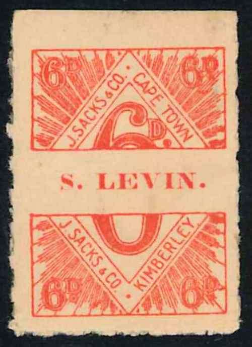 South Africa "J. Sacks & Co. - Cape Town / Kimberley - S. Levin" serrated 6d Label