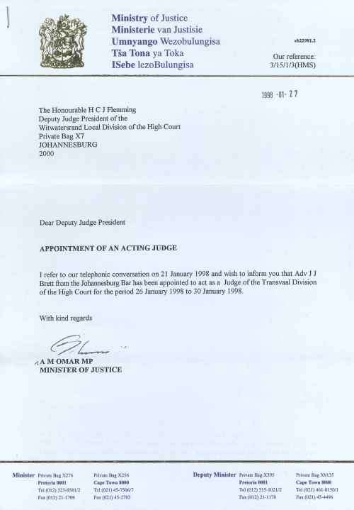 South Africa 1998 Official Ministry of Justice Signed Letter (A.M. Omar) PLUS Original Cover