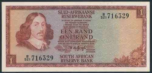 South African Reserve Bank R1 Bank Note Signed by De Jongh in good condition