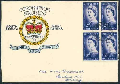 South Africa 1953 QEII Coronation illustrated First Day Cover affixed with Block of (4) x 2d stamps