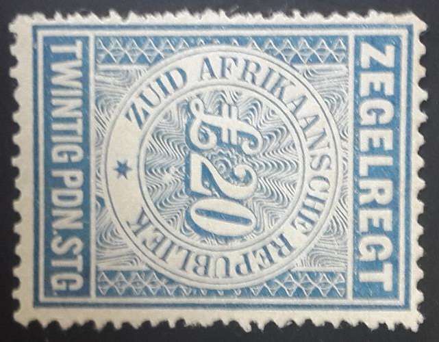 Transvaal 1886 Scarce 20 Pound blue "Zegelrecht" Revenue stamp