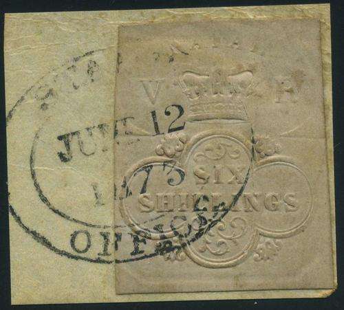 Natal 1851/68 Embossed Imperforated 6 shilling Revenue stamp tied on Piece