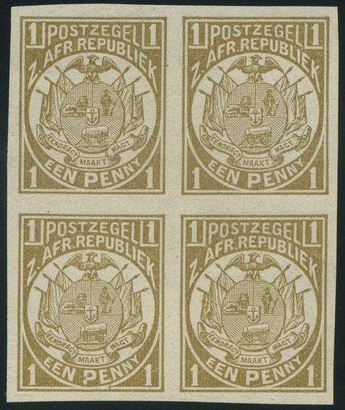 Transvaal 1885/93 Imperforate Block of (4) x 1d olive-bistre Colour Proofs (**)