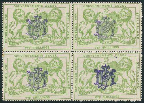 Stellaland (Bechuanaland) 1886 Scarce Block of (4) x 5s Revenue stamps with Control Monogram
