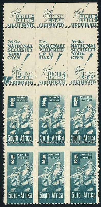 South Africa 1942 Scarce War Effort reduced size 1/2d marginal Block with Varieties (**)