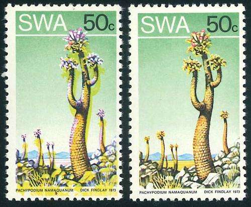 SWA 1973 Succulents Definitive 50c stamp with Stunning Shift in yellow colour