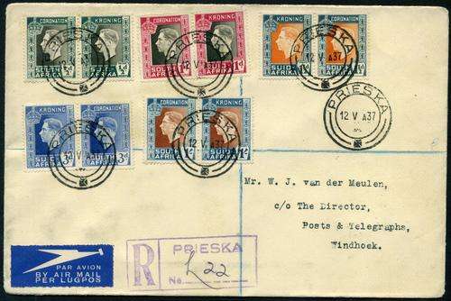South Africa 1937 KGVI Coronation Flight FDC with Scarce arrival SWA "R.L.S. Windhuk" Postmark