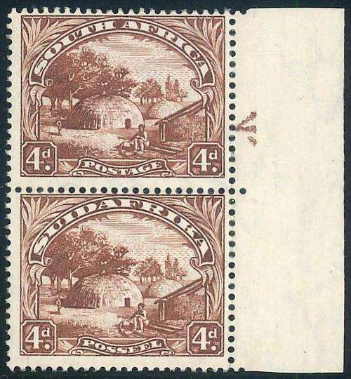 South Africa 1930/45 Roto Printing marginal pair of 4d stamps with Ghost Arrow in Margin