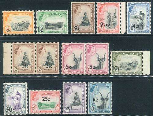 Swaziland 1961 QEII Surcharged Definitive stamps x (14) (**)