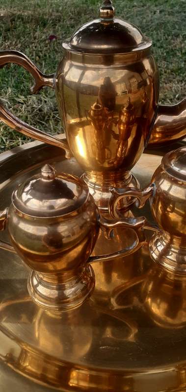 SOLID COPPER TEAPOT,MILK JUG, SUGAR BOWL ON A COPPER TRAY