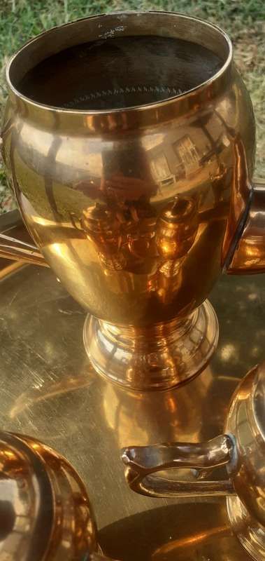 SOLID COPPER TEAPOT,MILK JUG, SUGAR BOWL ON A COPPER TRAY