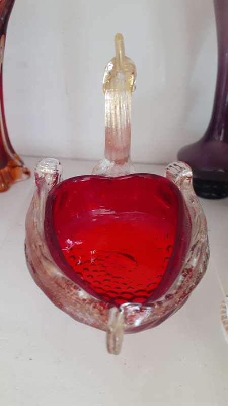 STUNNING Valuable and Rare Venetian Ruby Red with Gold Inlay Swan Bowl