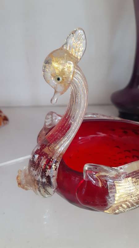 STUNNING Valuable and Rare Venetian Ruby Red with Gold Inlay Swan Bowl