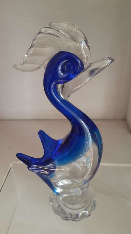 Lovely Tall Murano Blue and clear pedestal Bird Glass Art