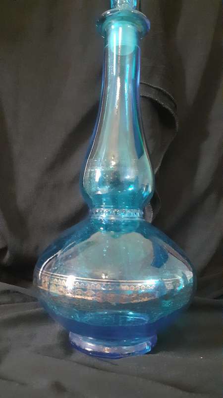 Vintage Belgium Made-29cm Blue and Gold Glass Decanter with Stopper