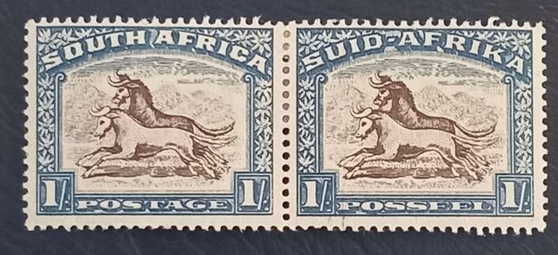 SA Union-1s Hyphenated Pictorial, Vertical line vissible on 2nd stamp.