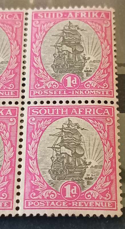 Union of SA, 1d Hyphenated Pictorials,Pink ink lines across stamp,