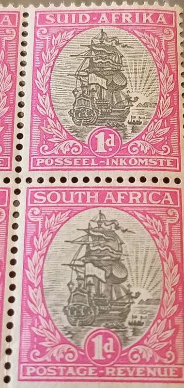 Union of SA, 1d Hyphenated Pictorials,Pink ink lines across stamp,