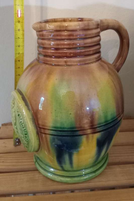 Antique Flamed Stoneware Glazed Jug Made in Nostredam with Notre Dame d`Orval crest