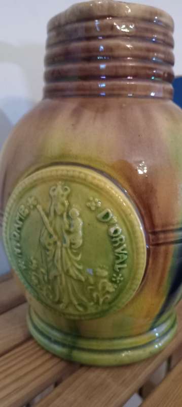 Antique Flamed Stoneware Glazed Jug Made in Nostredam with Notre Dame d`Orval crest