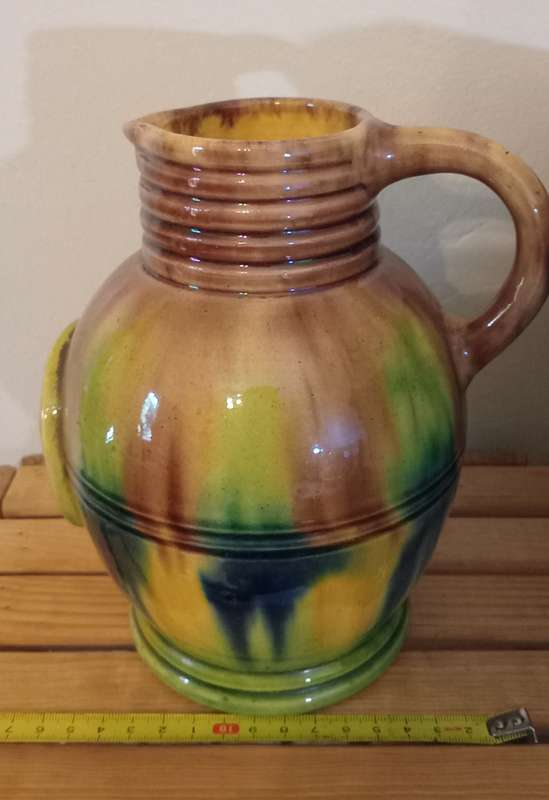 Antique Flamed Stoneware Glazed Jug Made in Nostredam with Notre Dame d`Orval crest