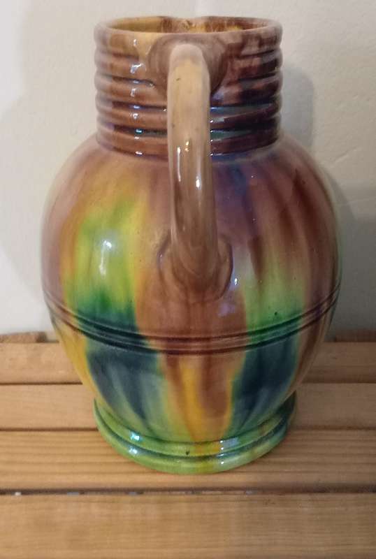 Antique Flamed Stoneware Glazed Jug Made in Nostredam with Notre Dame d`Orval crest