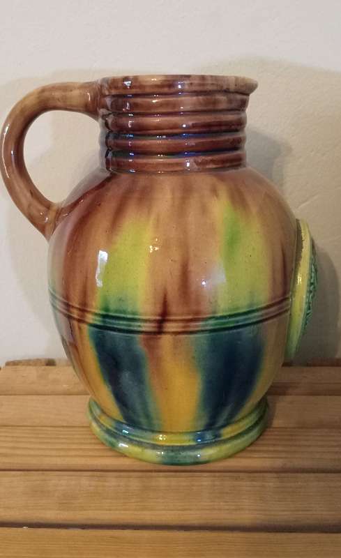 Antique Flamed Stoneware Glazed Jug Made in Nostredam with Notre Dame d`Orval crest