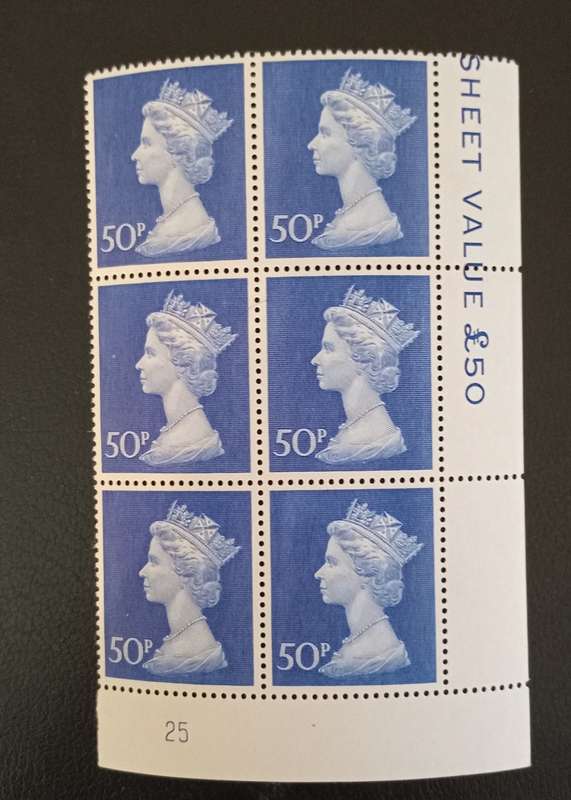 GREAT BRITAIN 1974 (MNH) 50P DEEP ULTRAMARINE PLATE 25 Block of 6