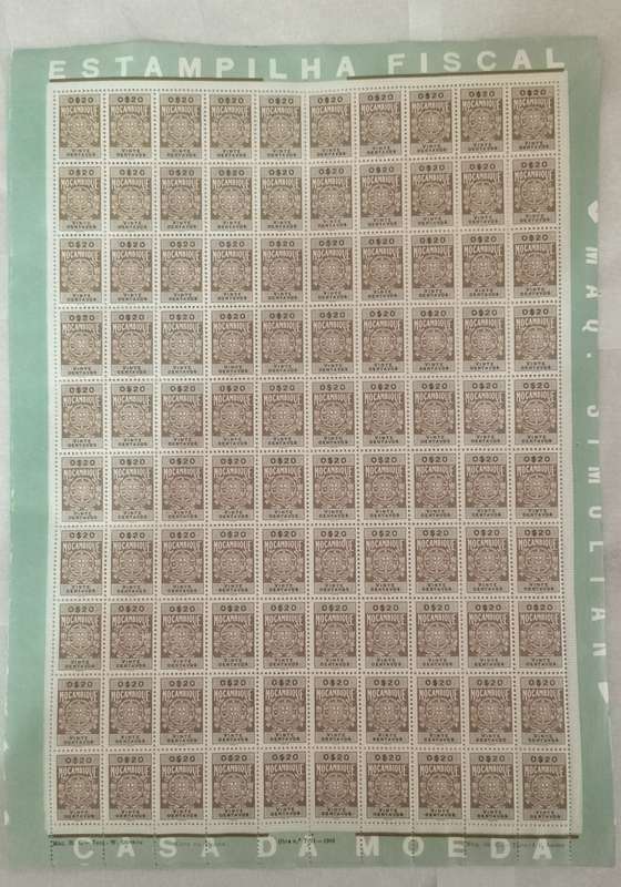 Mocambique 1969 Fiscal Stamps Sheet of 100 stamps(MNH) with variants on numeral stamps
